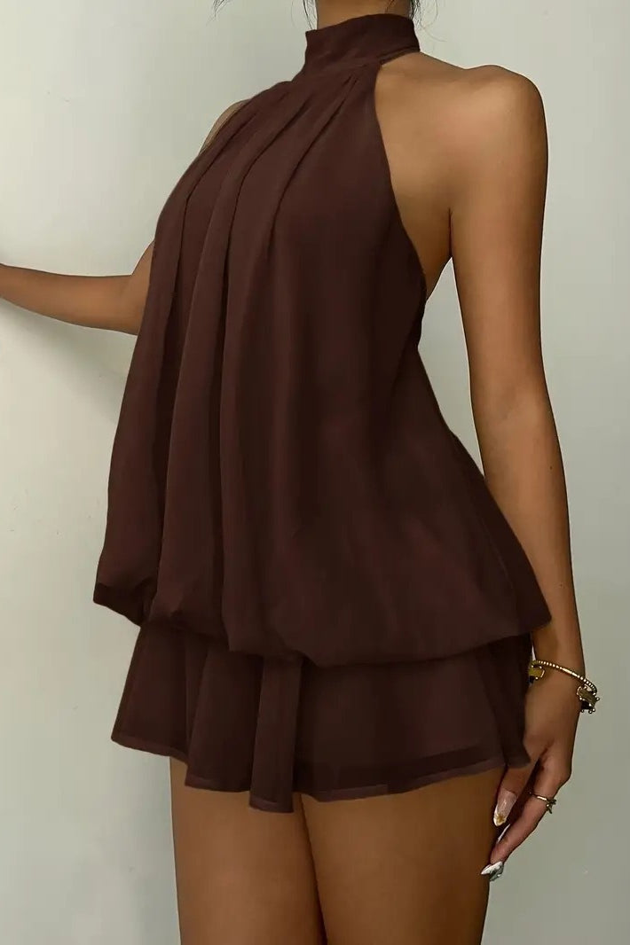 Sexy Backless Halter Tie Waist Slim Fit Ruffled Mini Dress