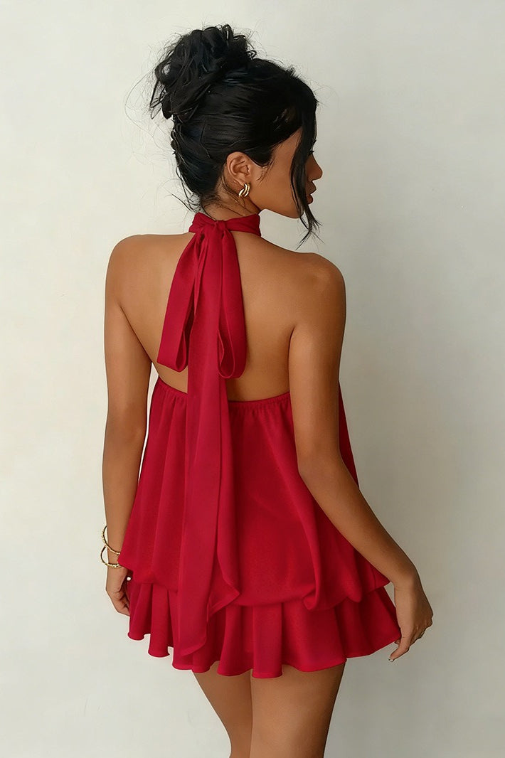 Sexy Backless Halter Tie Waist Slim Fit Ruffled Mini Dress