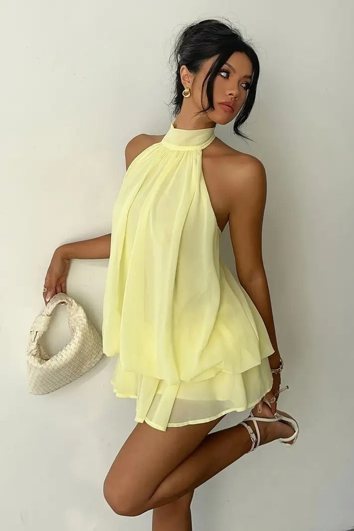 Sexy Backless Halter Tie Waist Slim Fit Ruffled Mini Dress
